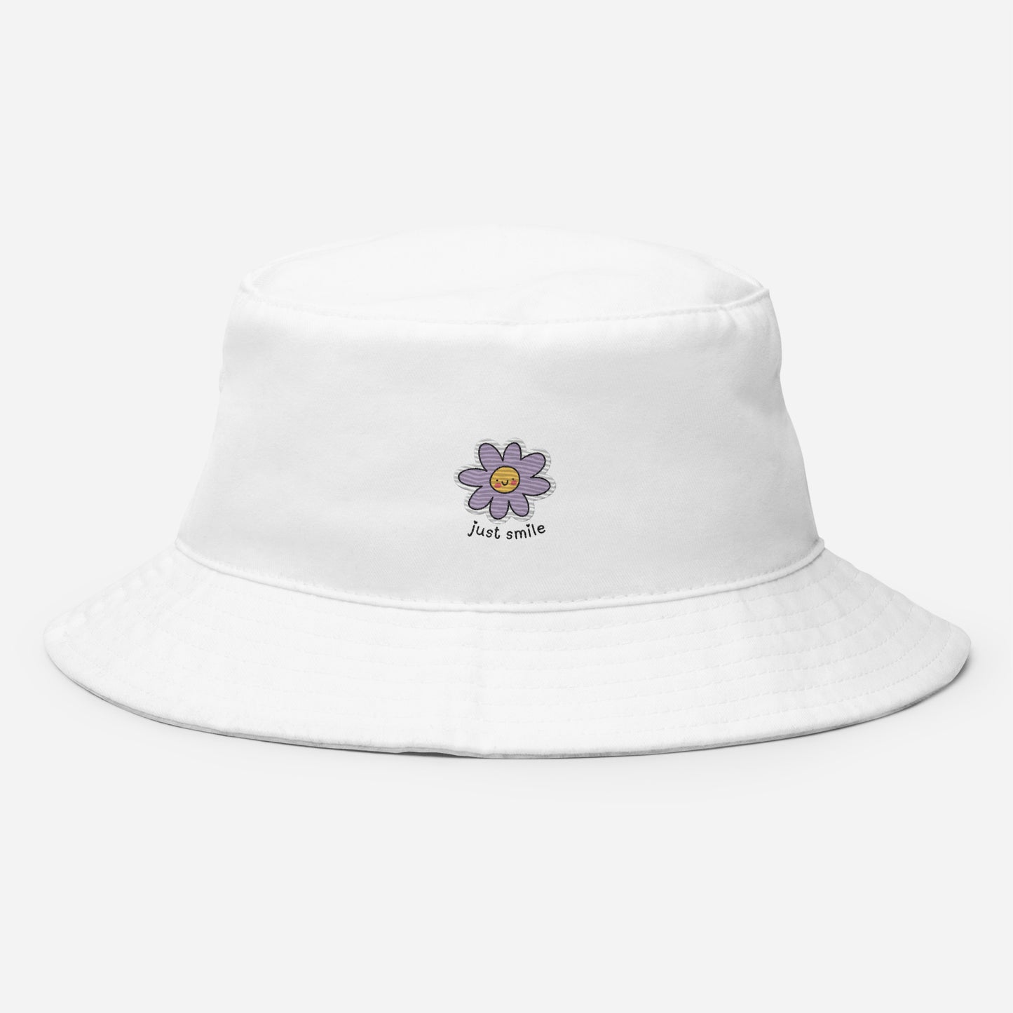 Adorable Purple Doodle Flower Just Smile Hand Embroidered Bucket Hat