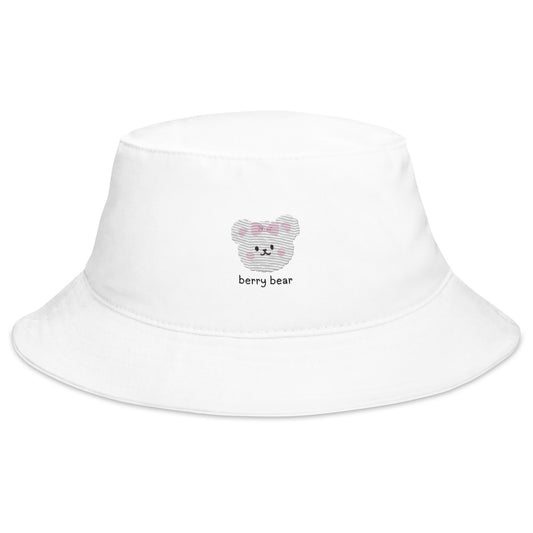 Adorable Korean White Cartoon Bear Embroidered Bucket Hat