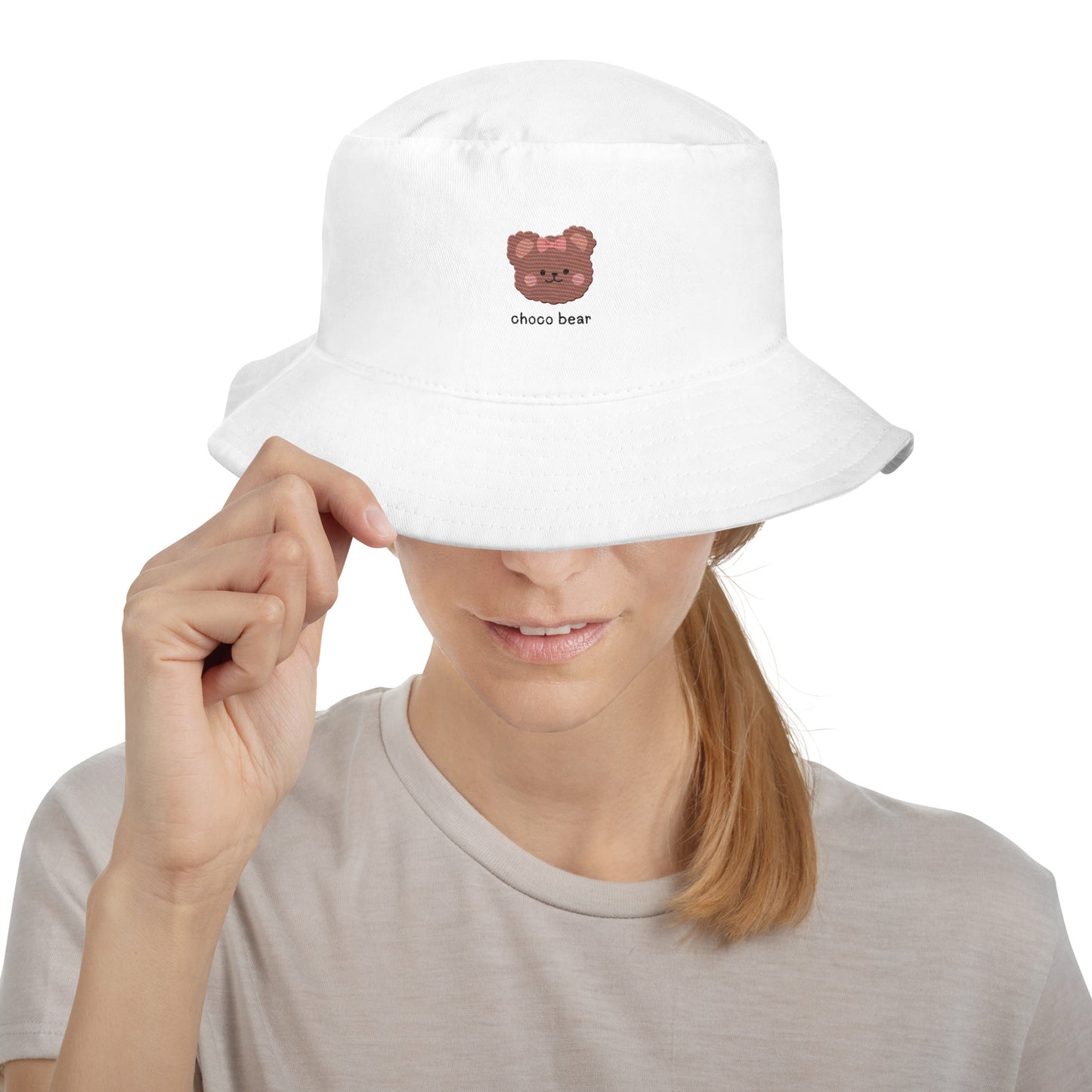 Adorable Korean Brown Cartoon Bear Embroidered Bucket Hat