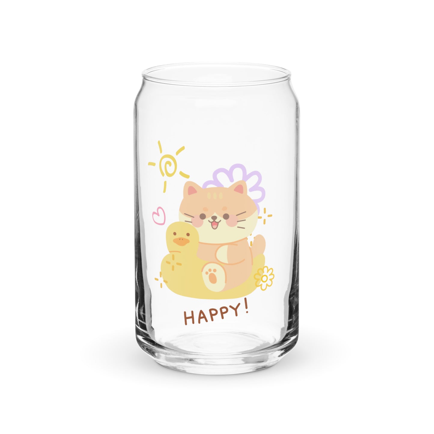 Adorable Cat And Duck Happy Cute Cartoon Can-shaped glass