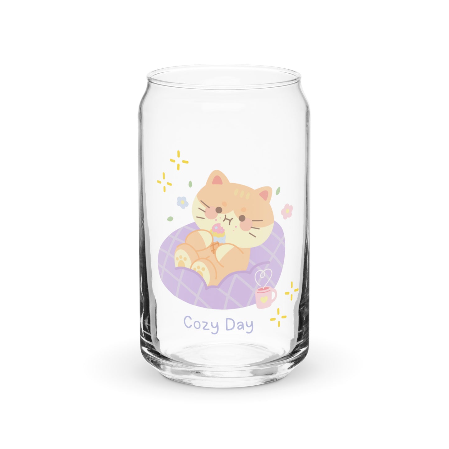 Adorable Cozy Cat Eating Sweet Kawaii Cartoon Can-shaped glass