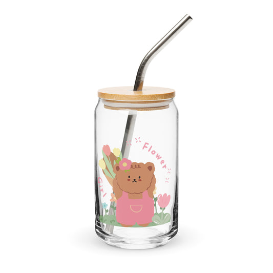 Cute Korean Bear Flower Girl Can-shaped glass