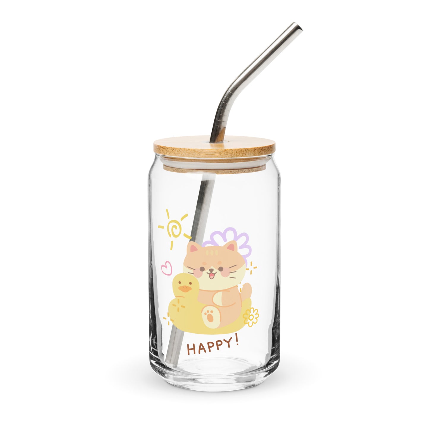 Adorable Cat And Duck Happy Cute Cartoon Can-shaped glass