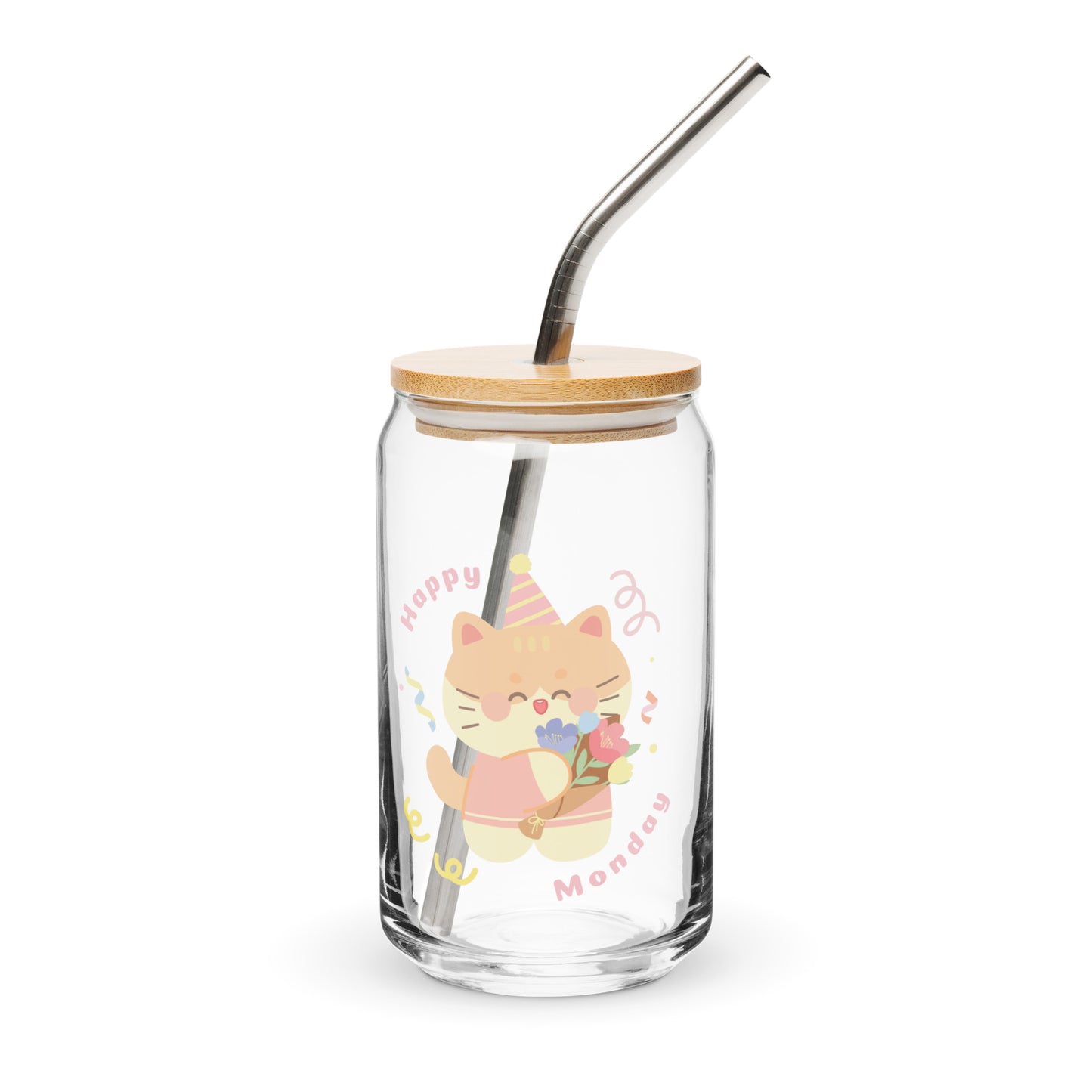 Adorable Birthday Cat Happy Monday Quote Cute Cartoon Can-shaped glass