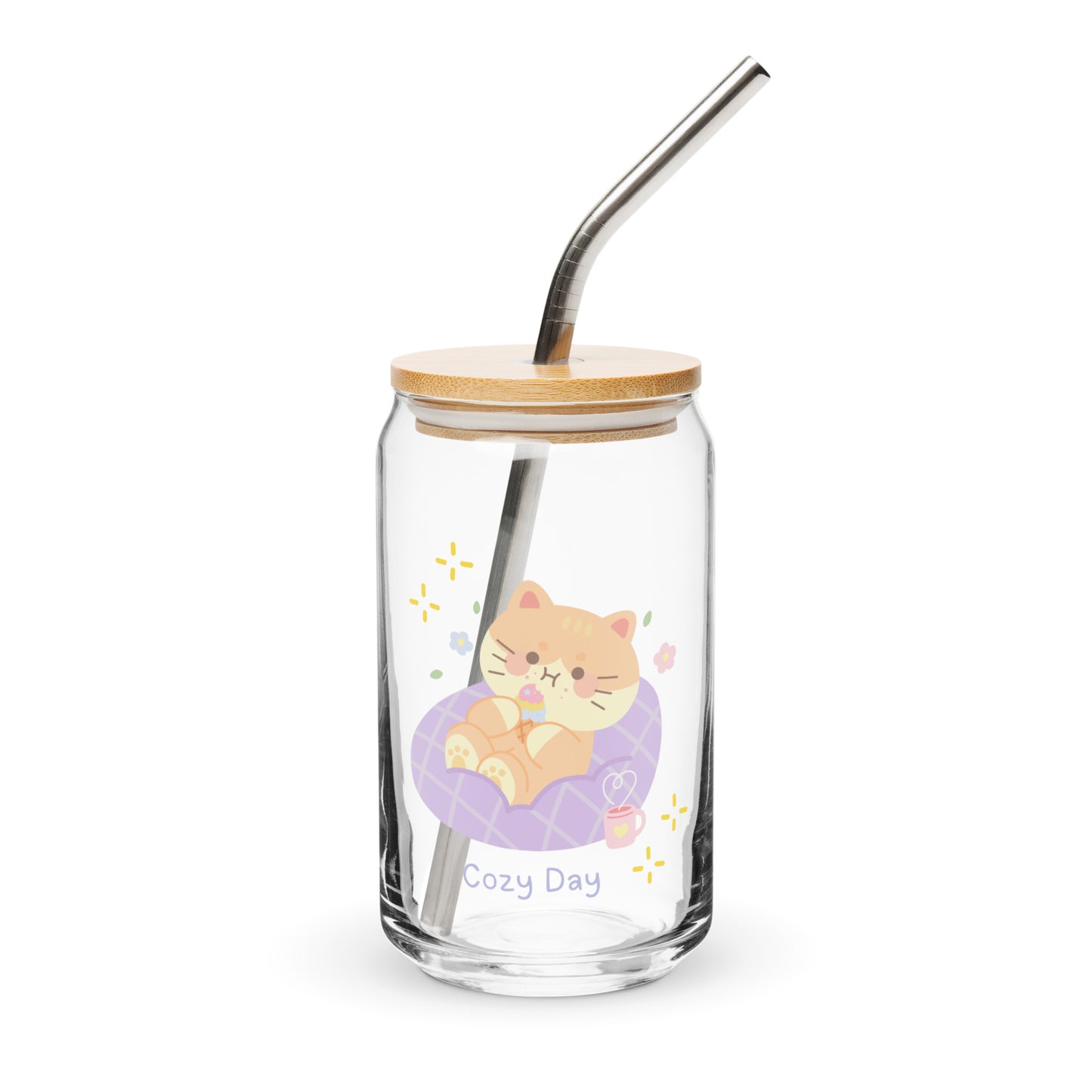 Adorable Cozy Cat Eating Sweet Kawaii Cartoon Can-shaped glass