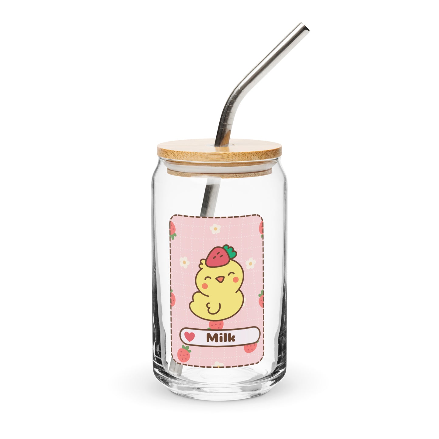 Adorable Little Duck Strawberry Milk Kawaii Cartoon Can-shaped glass