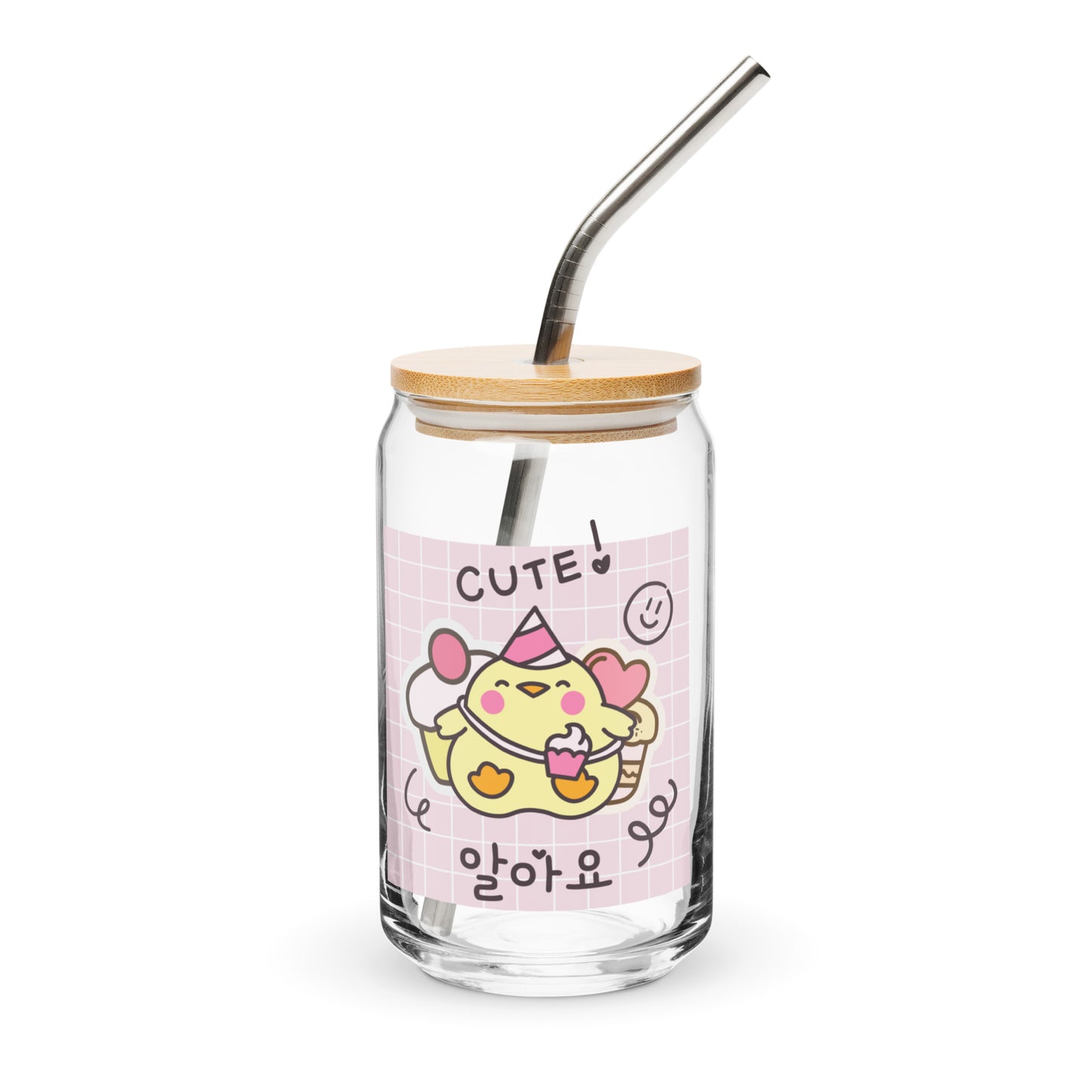 Adorable Cute Korean Cartoon Duck Kawaii Plaid Can-shaped glass