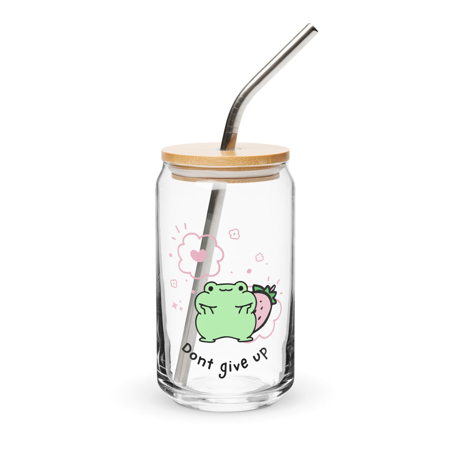 Cute Chibi Froggy Don't Give Up Quote Kawaii Cartoon Can-shaped glass