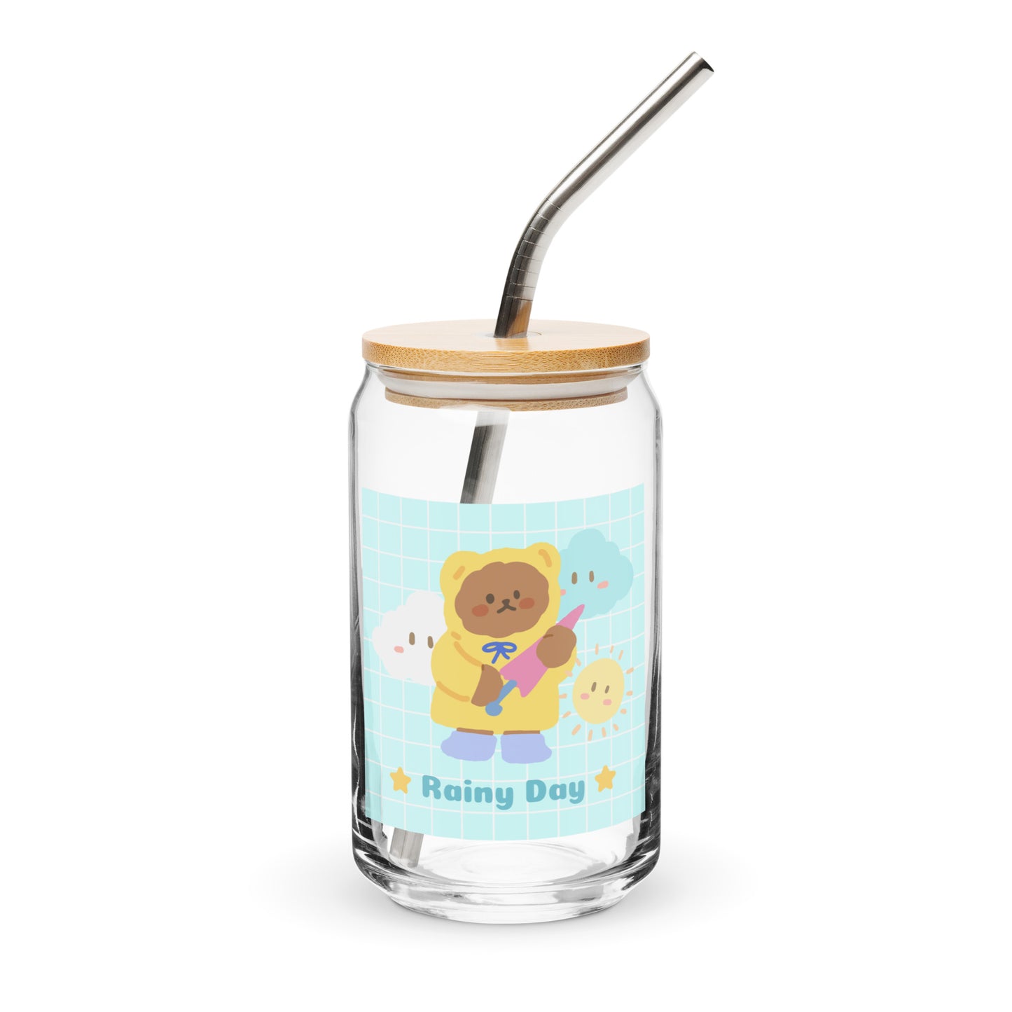 Adorable Korean Bear Rainy Day Kawaii Cartoon Can-shaped glass