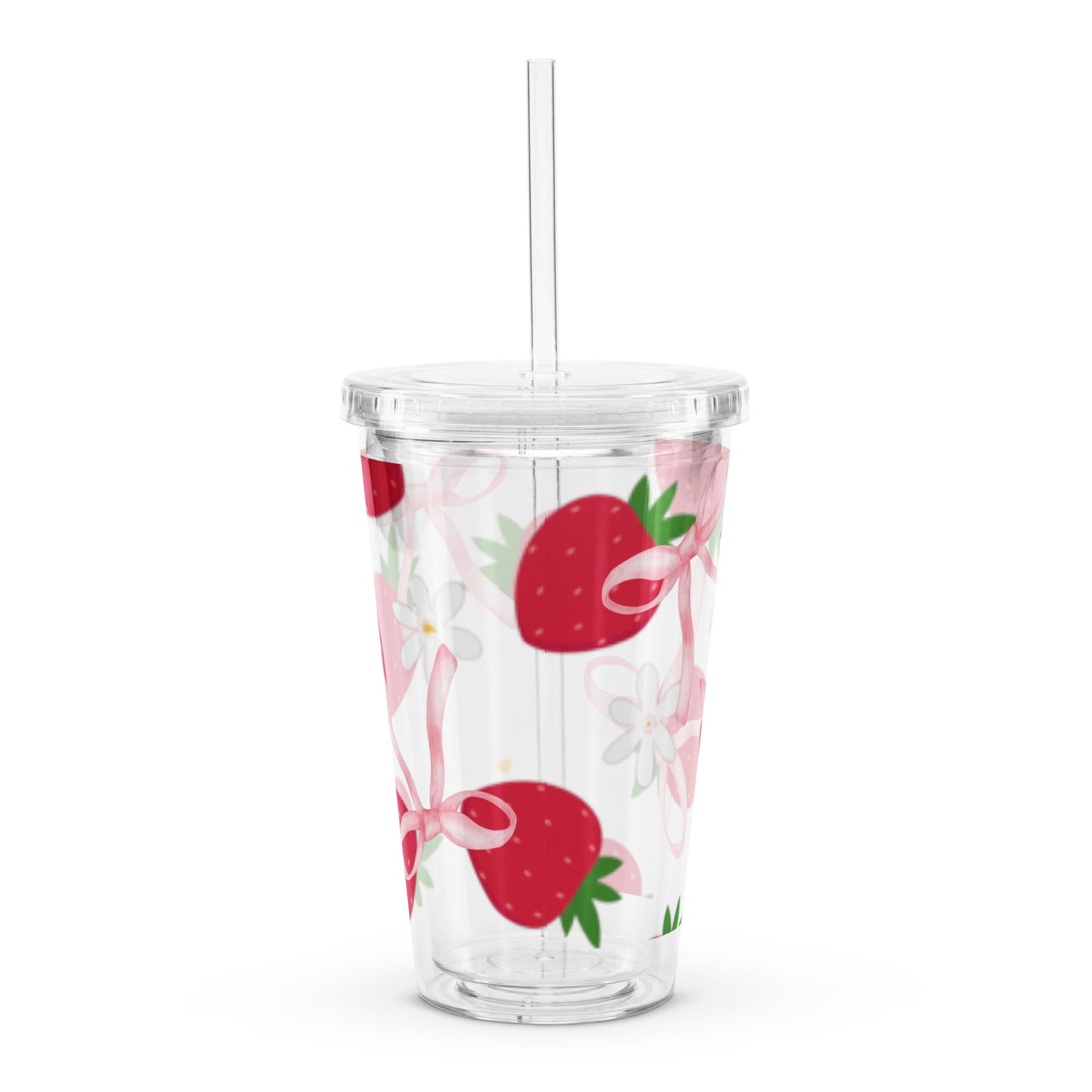 Adorable Strawberry Ribbon Pattern Kawaii Clear plastic tumbler