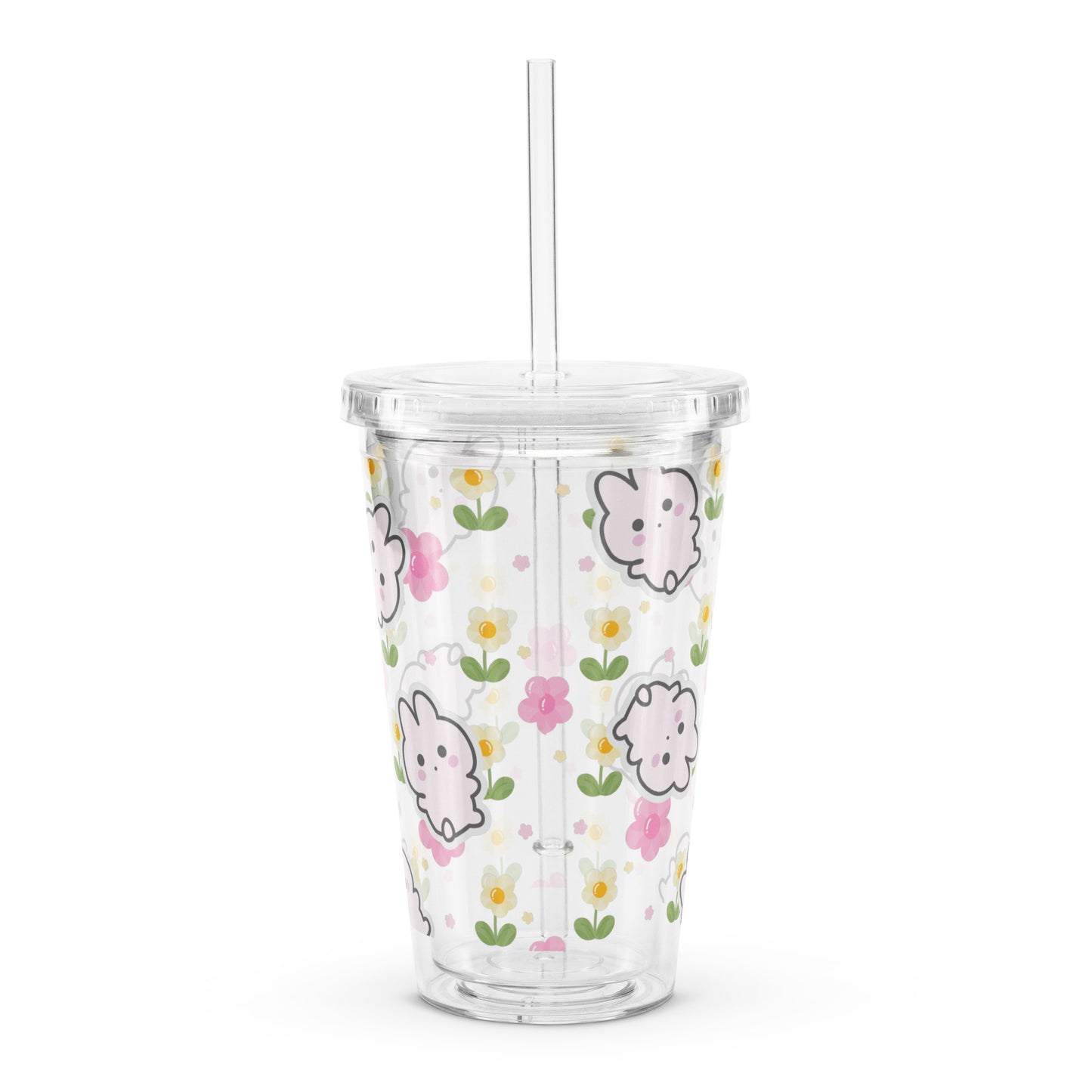 Adorable Korean Cartoon Bunny With Flowers Kawaii Clear plastic tumbler