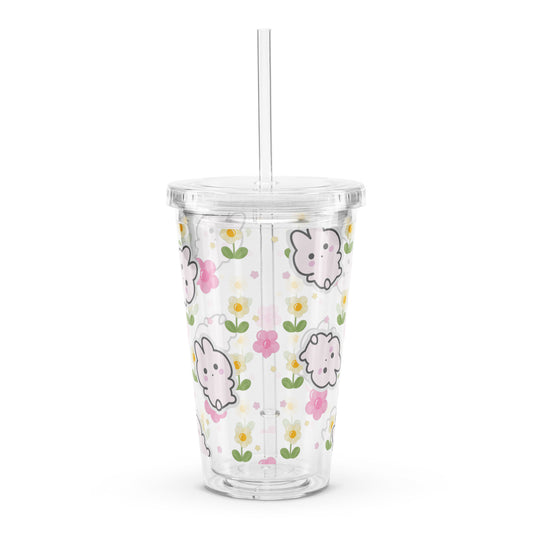 Adorable Korean Cartoon Bunny With Flowers Kawaii Clear plastic tumbler