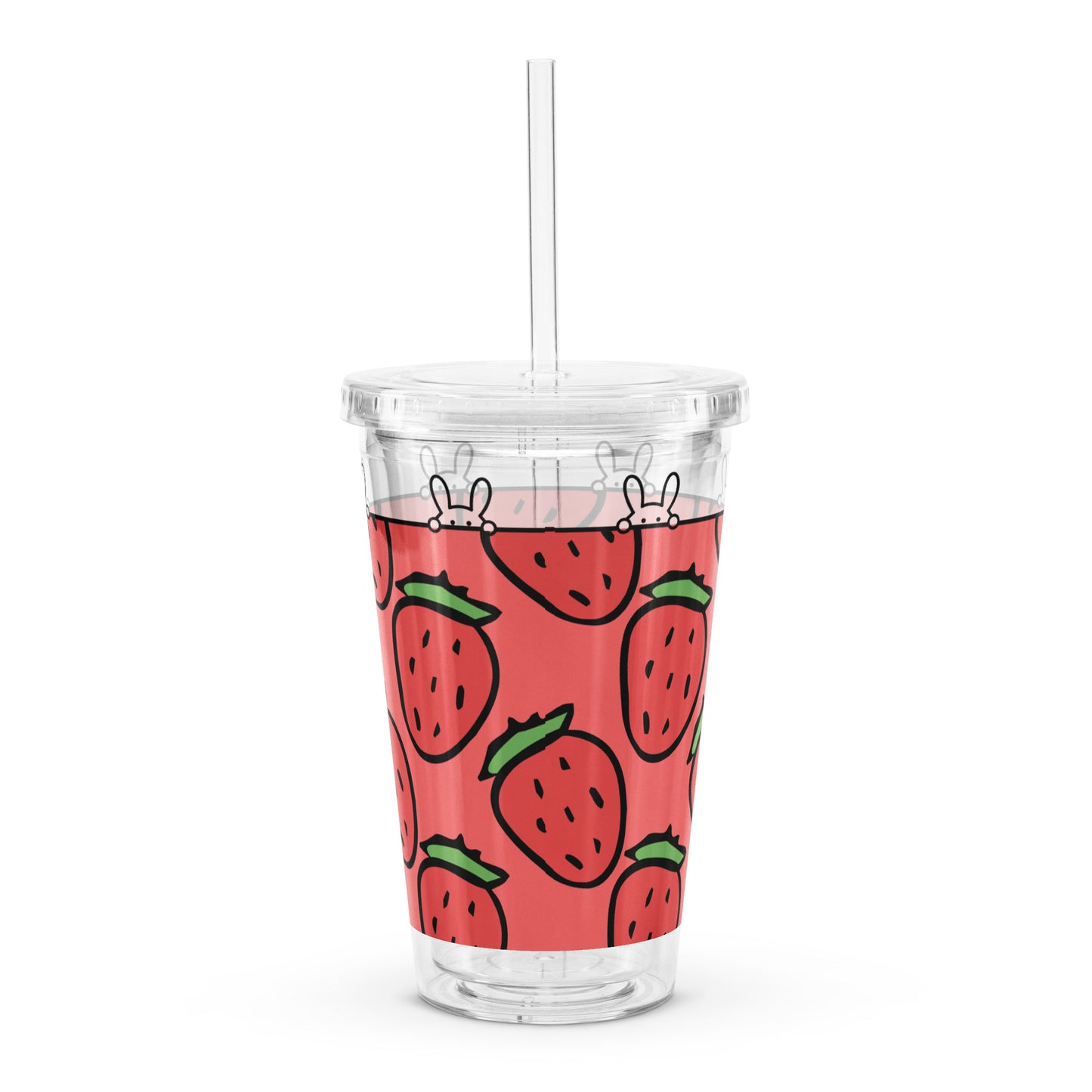 Kawaii Large Strawberry Bunny Doodle Pattern Cute Cartoon Clear plastic tumbler