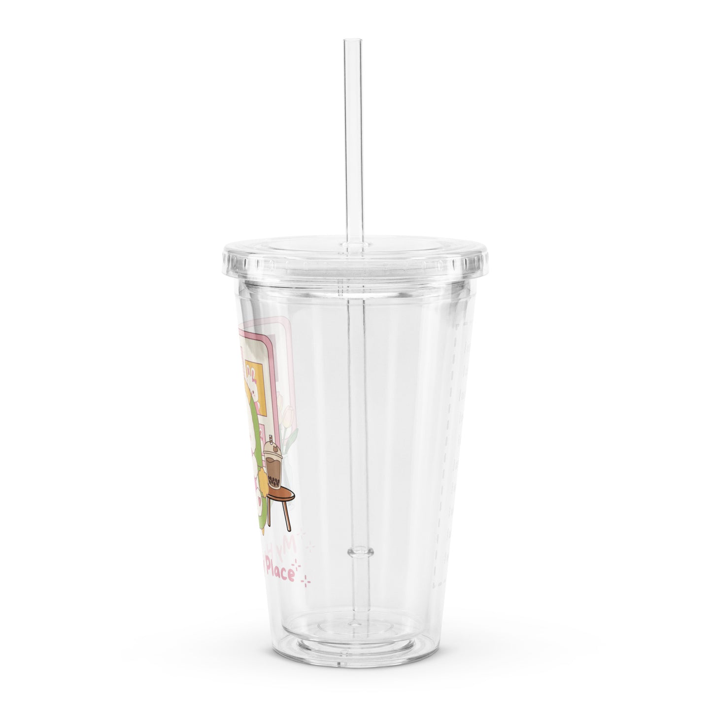 Super Cute My Happy Place Cozy Bunny Clear plastic tumbler