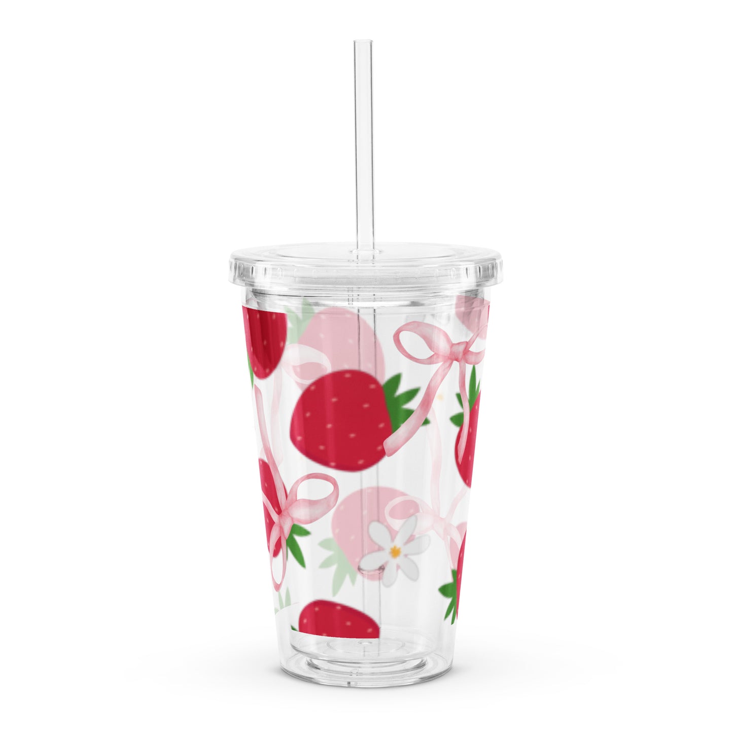 Adorable Strawberry Ribbon Pattern Kawaii Clear plastic tumbler