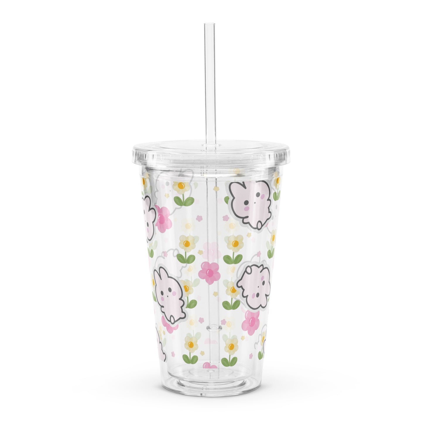 Adorable Korean Cartoon Bunny With Flowers Kawaii Clear plastic tumbler