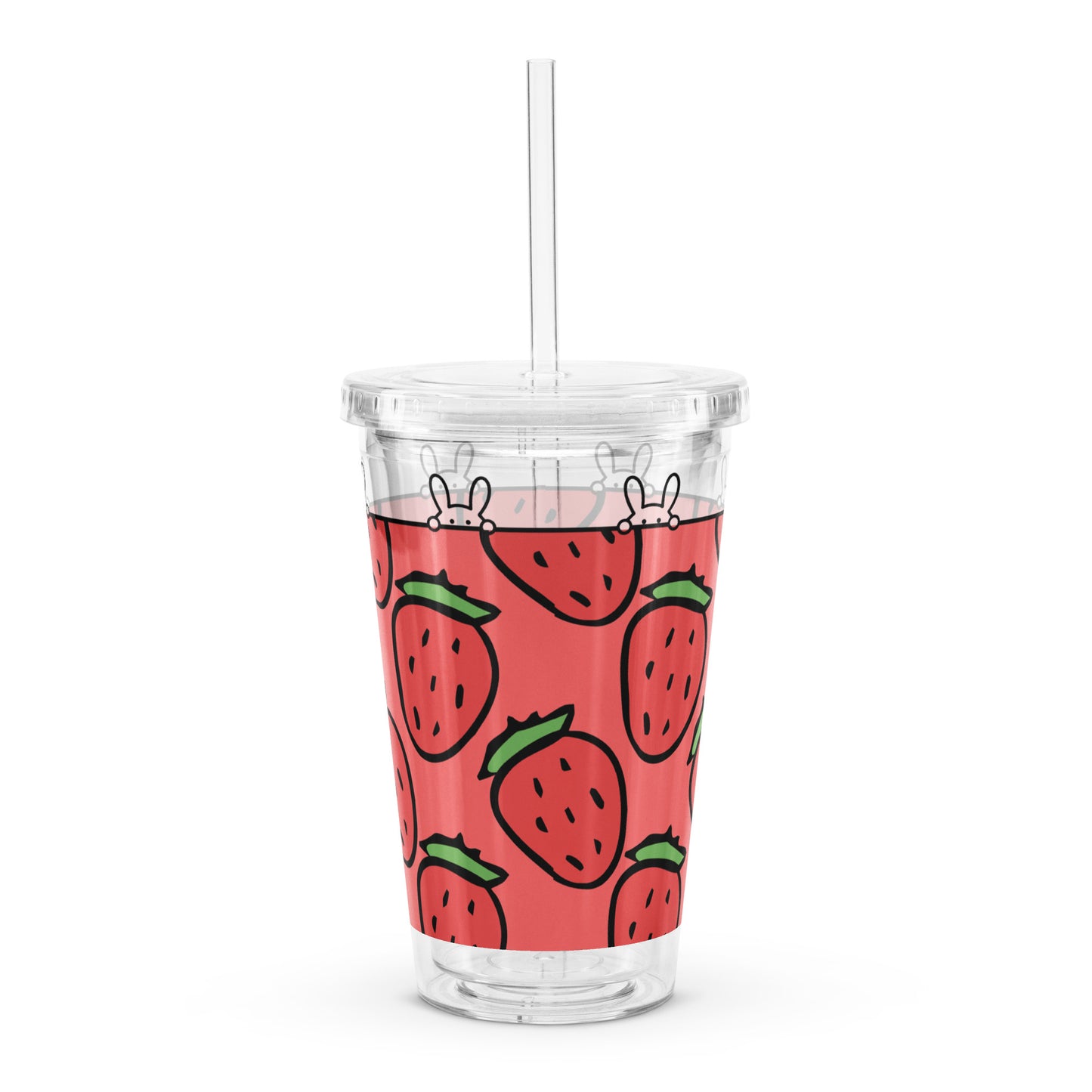 Kawaii Large Strawberry Bunny Doodle Pattern Cute Cartoon Clear plastic tumbler