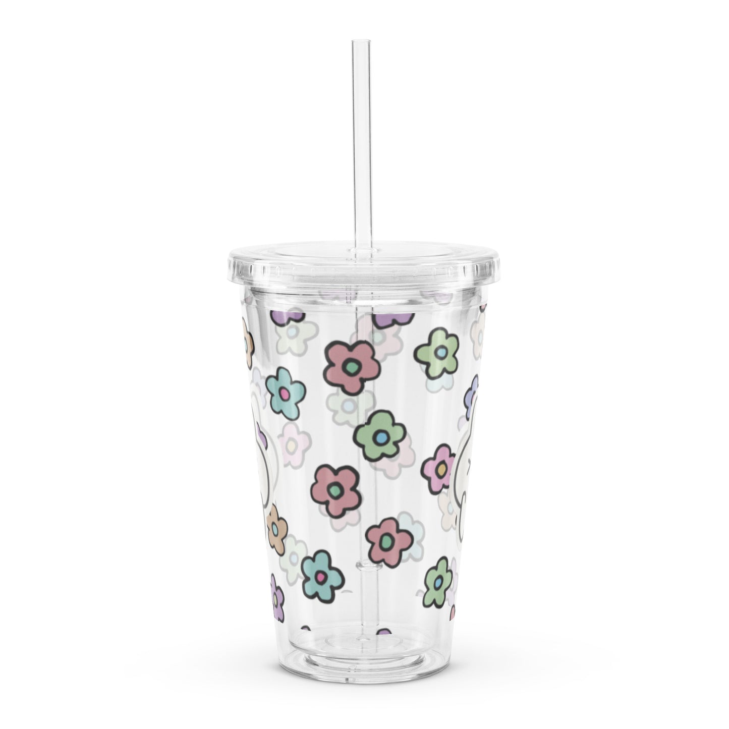 Adorable Korean Bunny Daisy Flower Patter Kawaii Cartoon Clear plastic tumbler