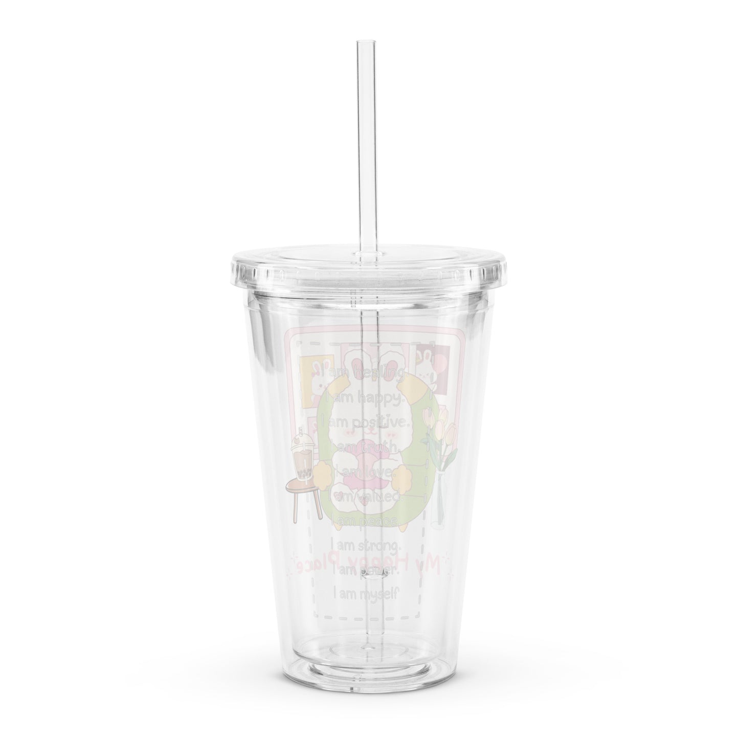 Super Cute My Happy Place Cozy Bunny Clear plastic tumbler