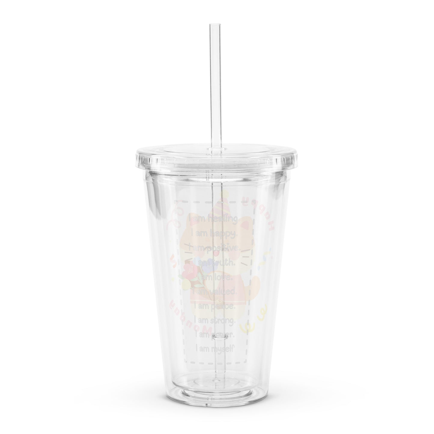 Adorable Birthday Cat Happy Monday Quote Cute Cartoon Clear plastic tumbler