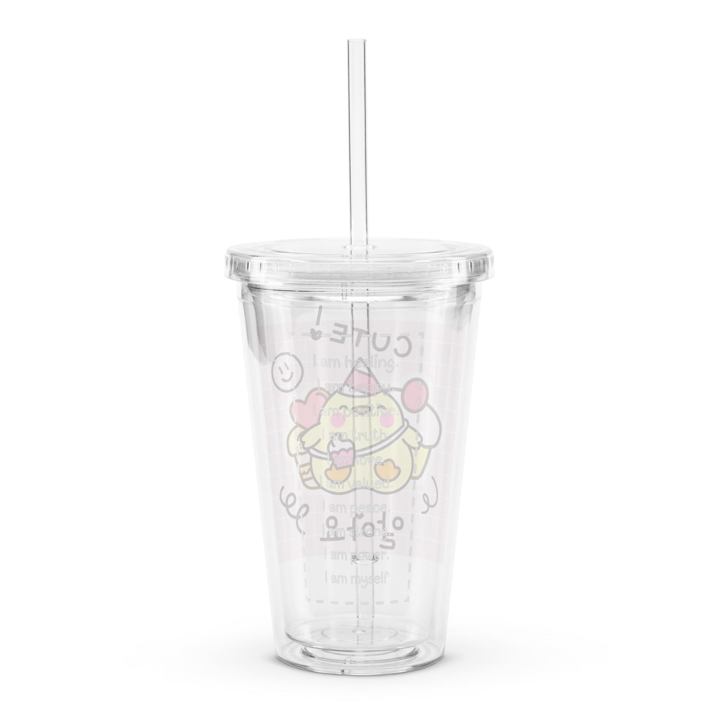 Adorable Cute Korean Cartoon Duck Kawaii Plaid Clear plastic tumbler