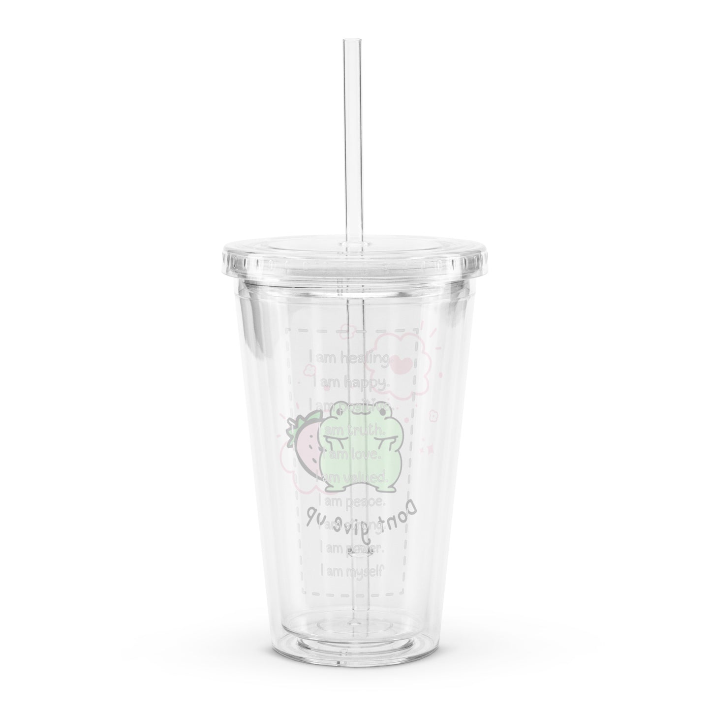 Cute Chibi Froggy Don't Give Up Quote Kawaii Cartoon Clear plastic tumbler