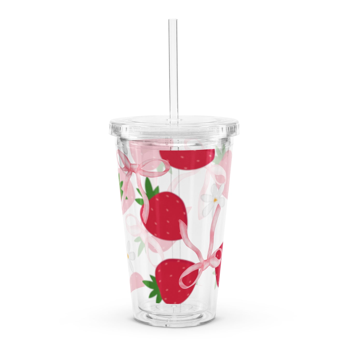 Adorable Strawberry Ribbon Pattern Kawaii Clear plastic tumbler