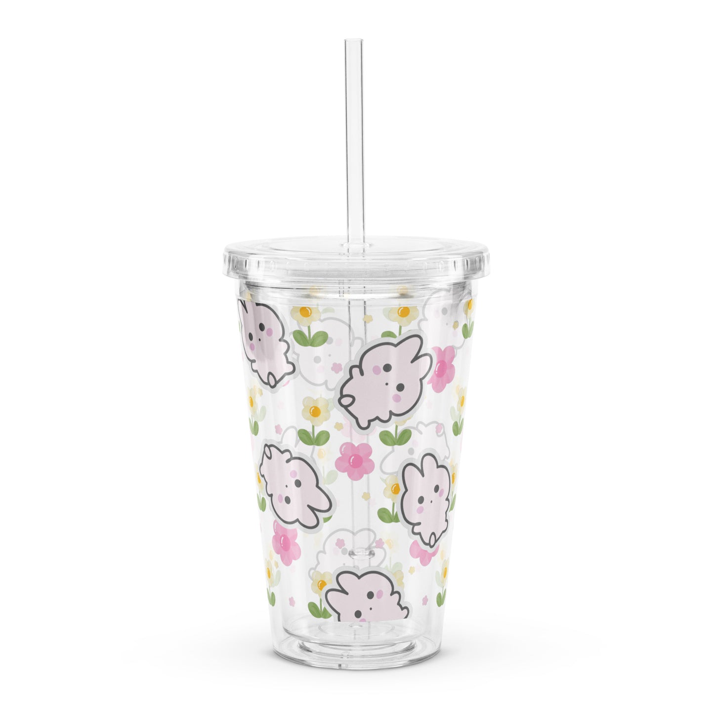 Adorable Korean Cartoon Bunny With Flowers Kawaii Clear plastic tumbler