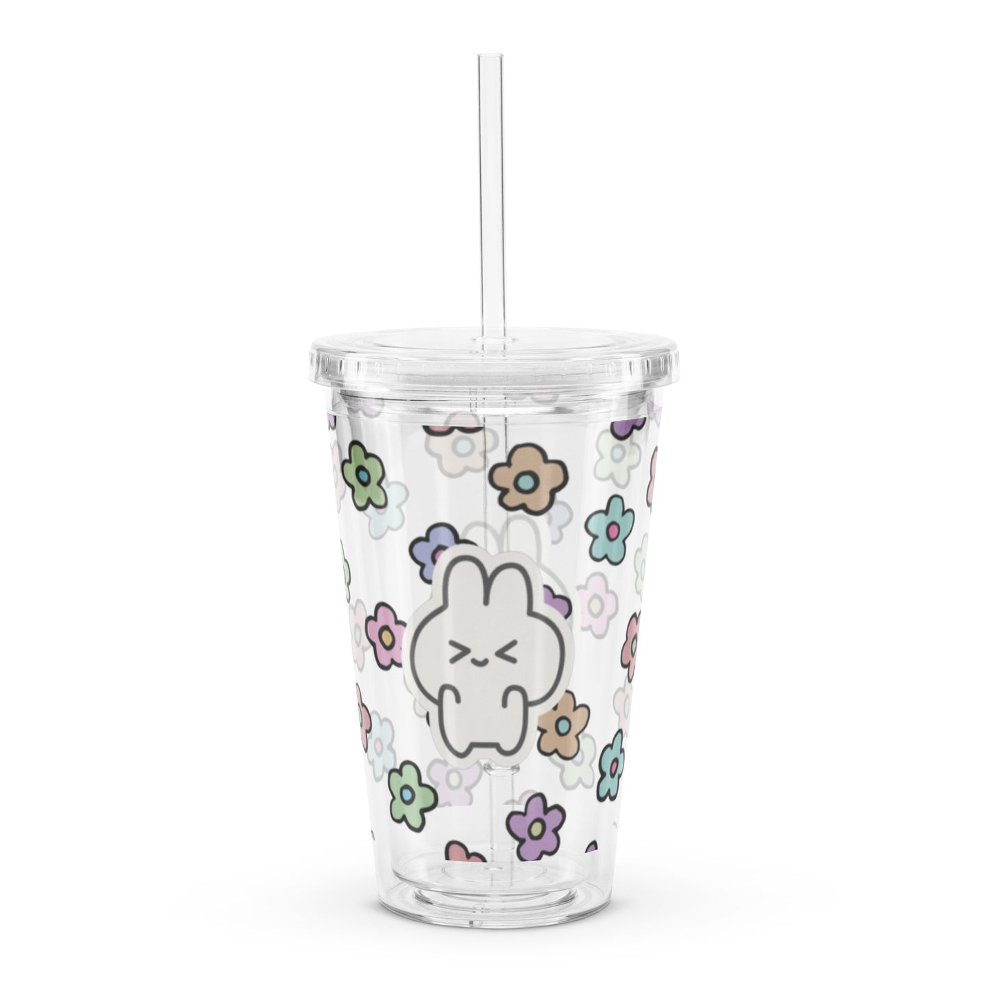 Adorable Korean Bunny Daisy Flower Patter Kawaii Cartoon Clear plastic tumbler