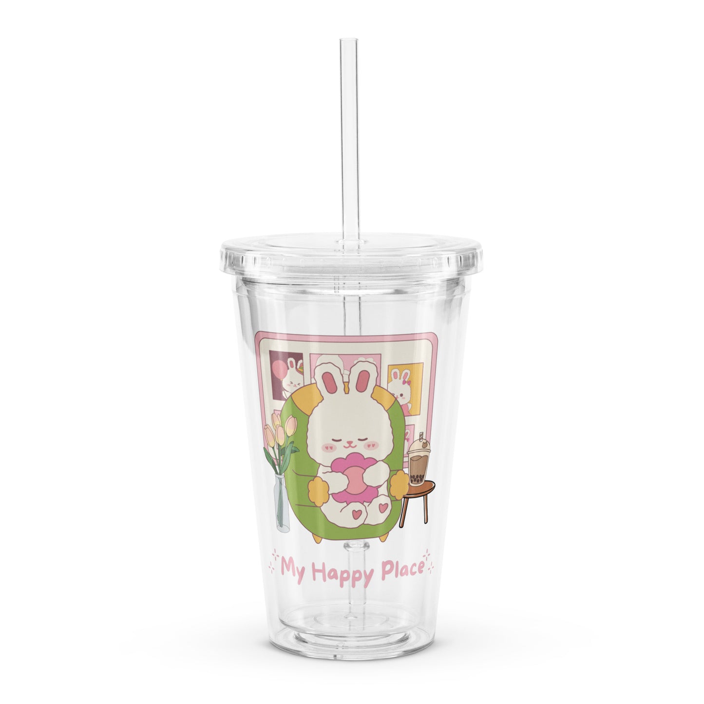 Super Cute My Happy Place Cozy Bunny Clear plastic tumbler