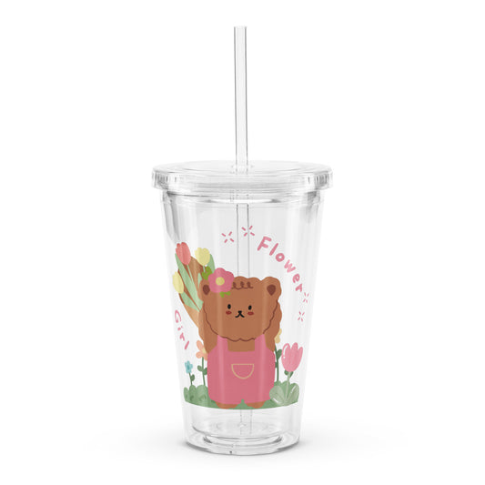 Cute Korean Bear Flower Girl Clear plastic tumbler