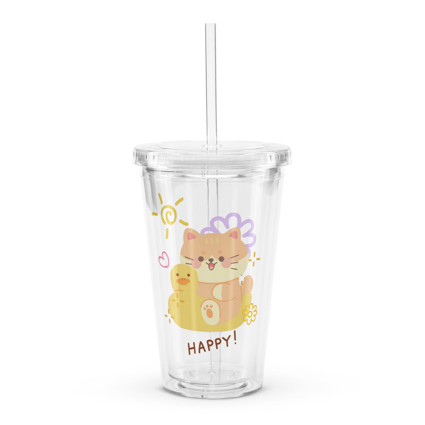 Adorable Cat And Duck Happy Cute Cartoon Clear plastic tumbler