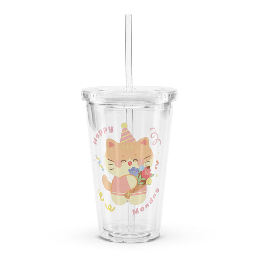 Adorable Birthday Cat Happy Monday Quote Cute Cartoon Clear plastic tumbler