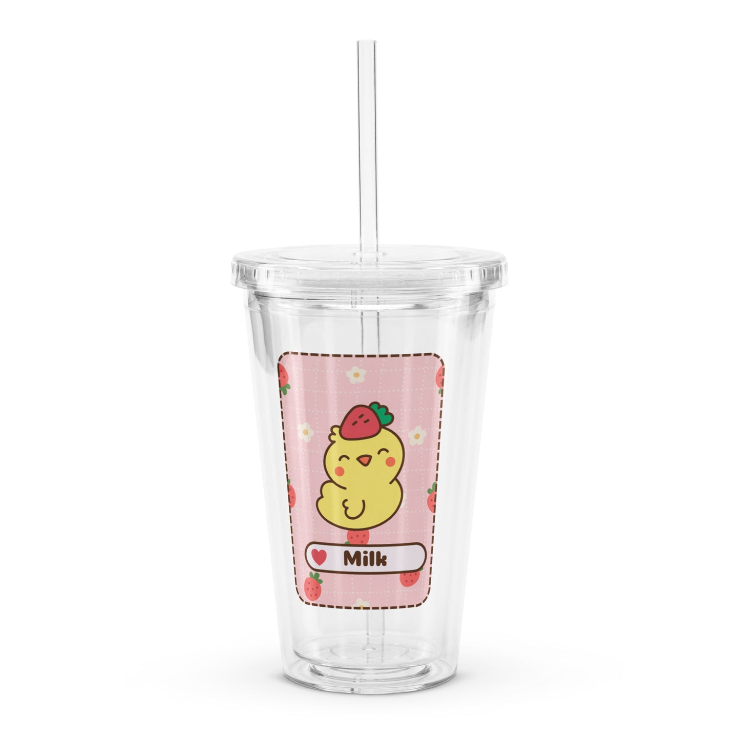 Adorable Little Duck Strawberry Milk Kawaii Cartoon Clear plastic tumbler