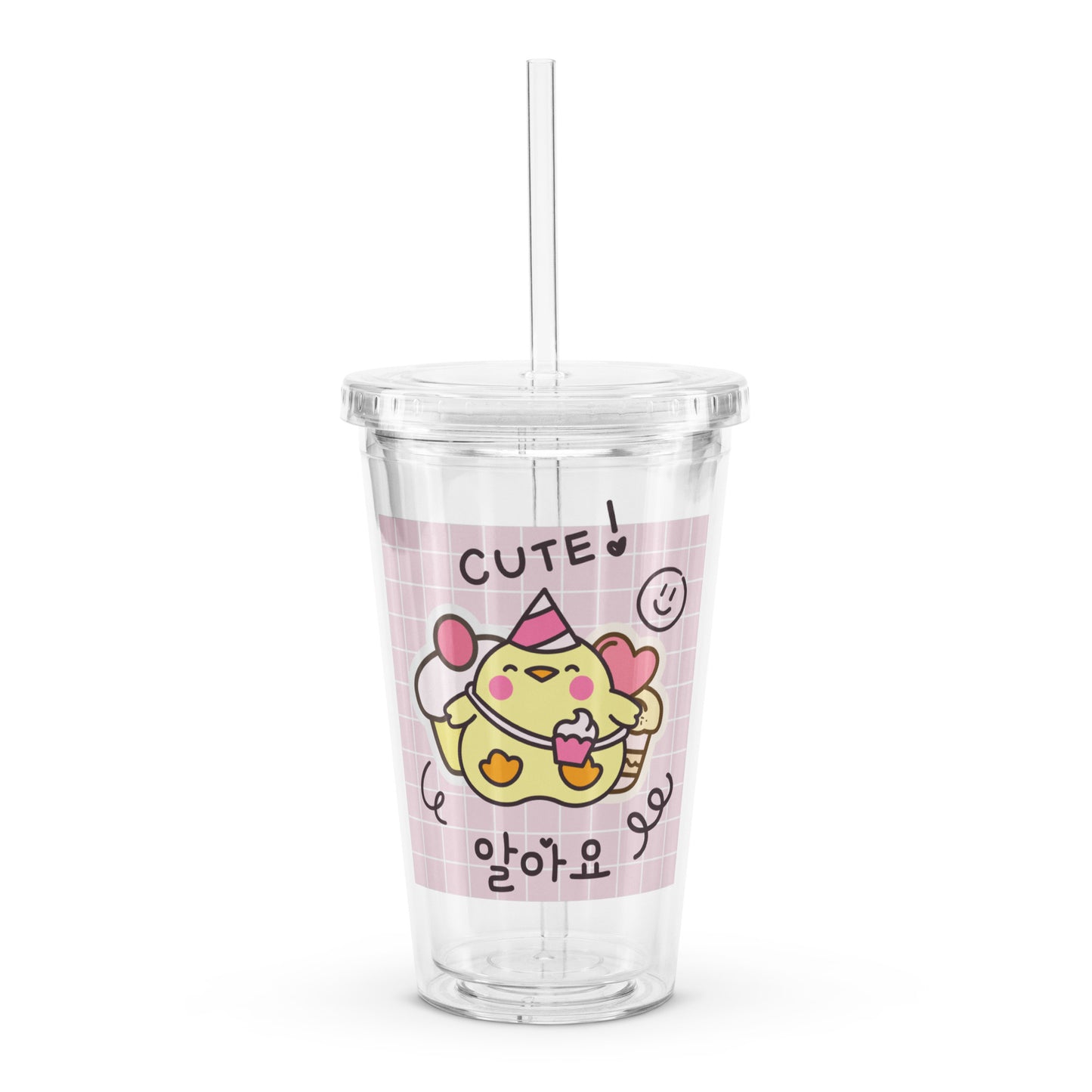 Adorable Cute Korean Cartoon Duck Kawaii Plaid Clear plastic tumbler