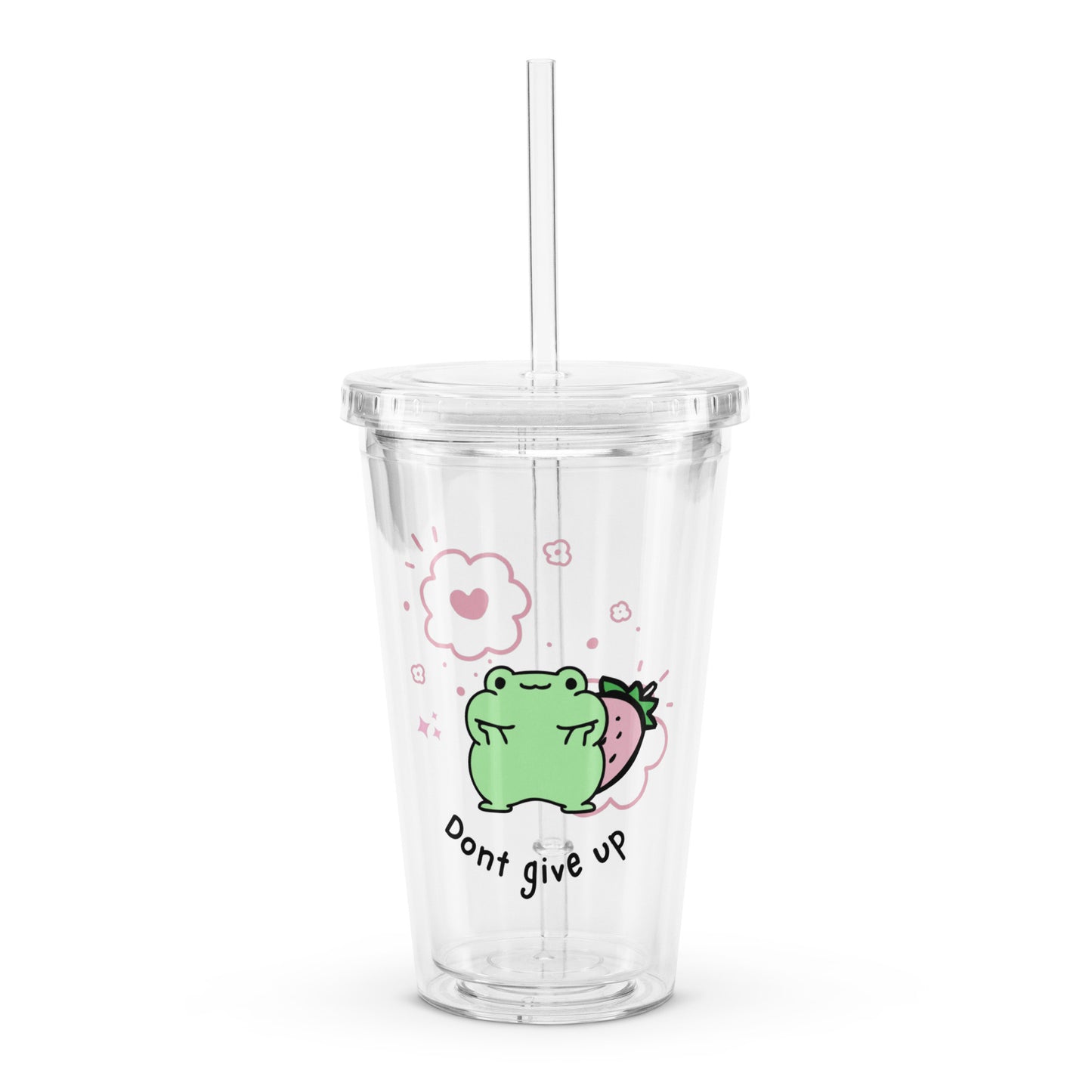 Cute Chibi Froggy Don't Give Up Quote Kawaii Cartoon Clear plastic tumbler