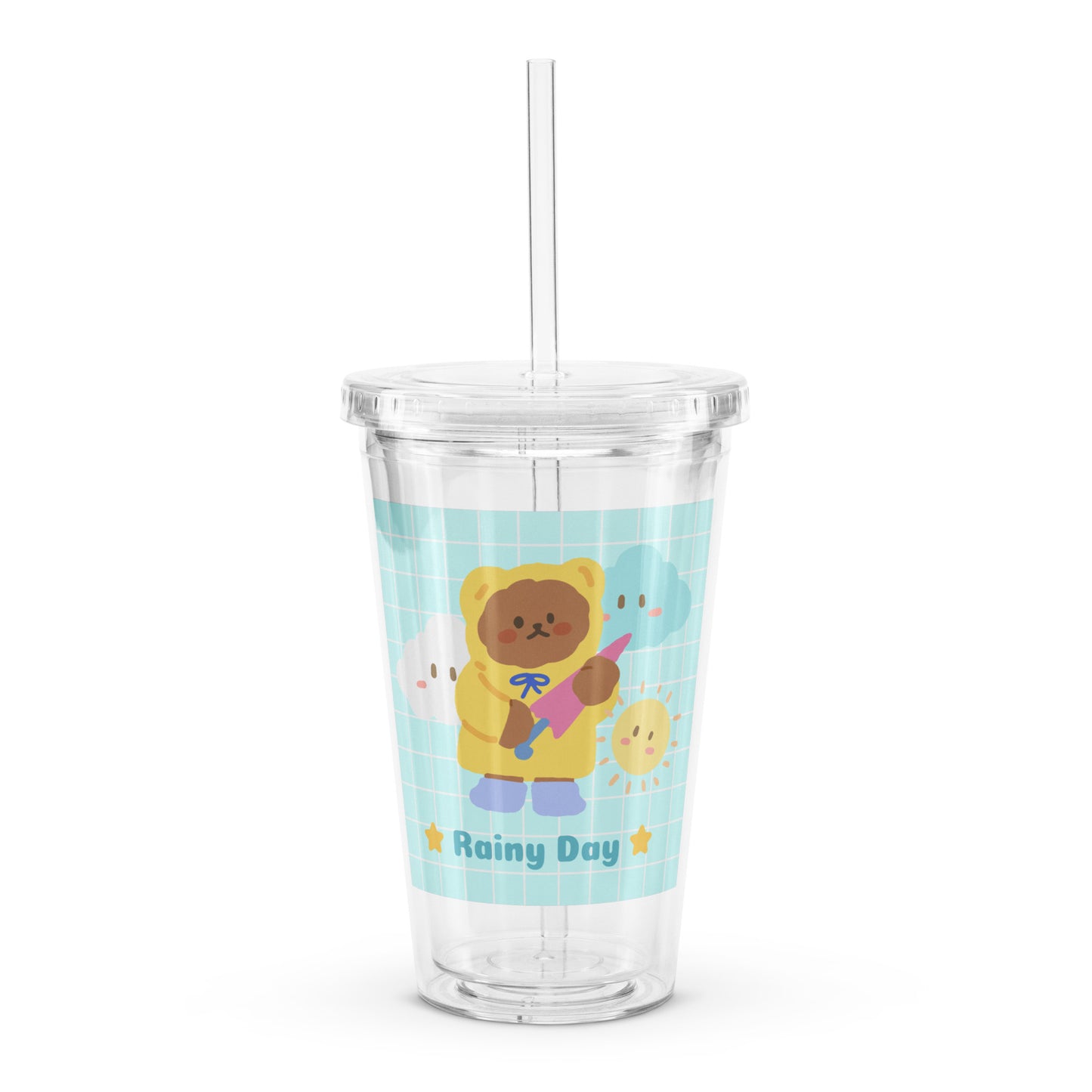 Adorable Korean Bear Rainy Day Kawaii Cartoon Clear plastic tumbler