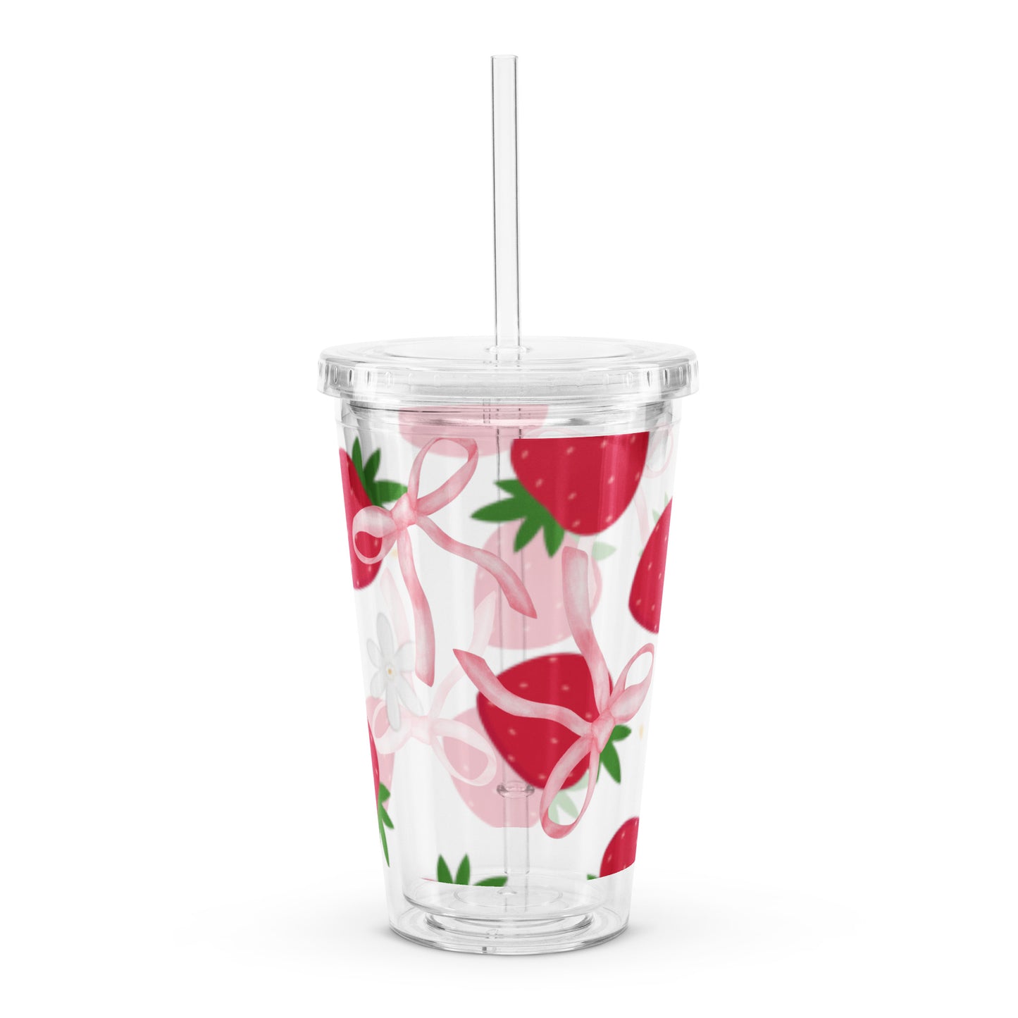 Adorable Strawberry Ribbon Pattern Kawaii Clear plastic tumbler