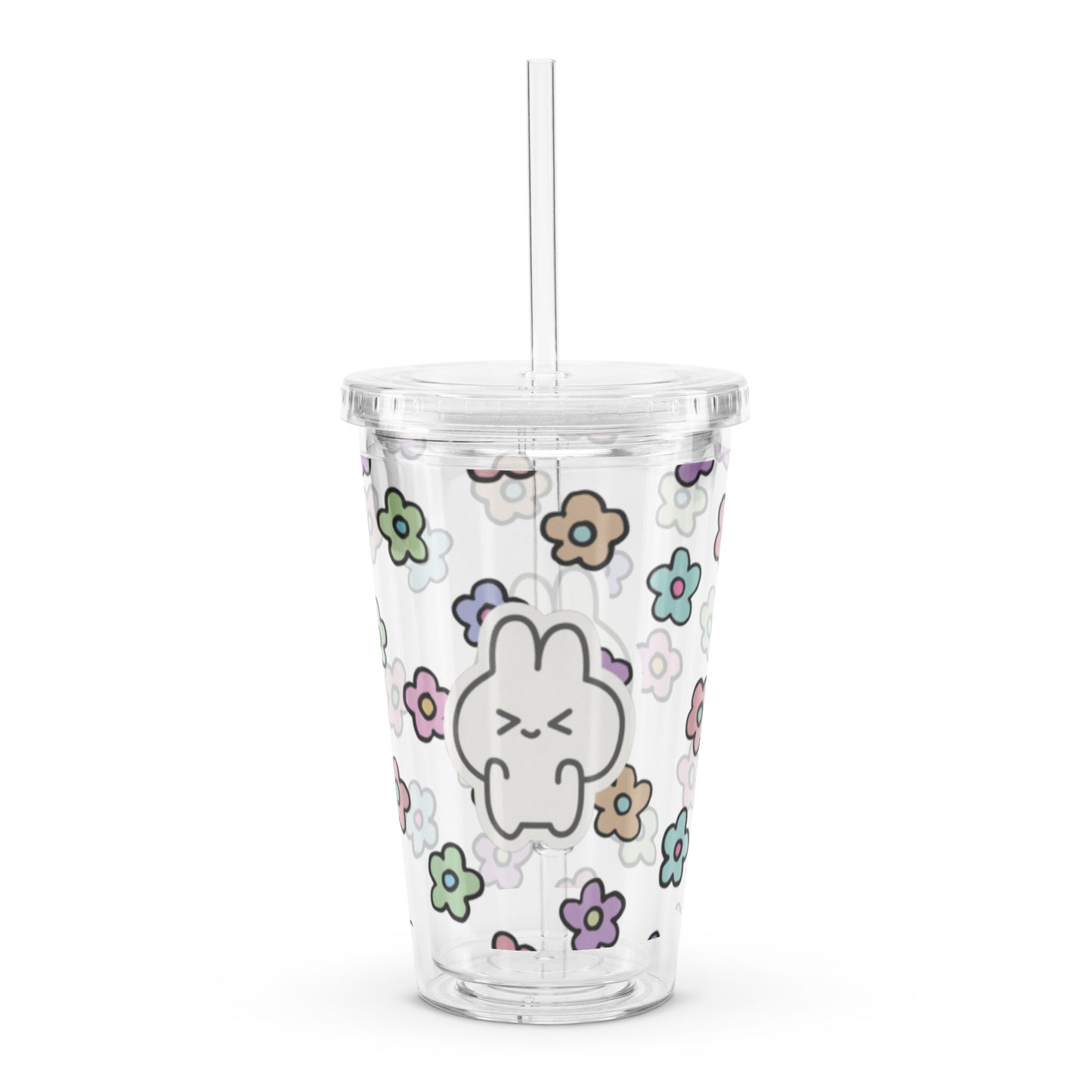 Adorable Korean Bunny Daisy Flower Patter Kawaii Cartoon Clear plastic tumbler