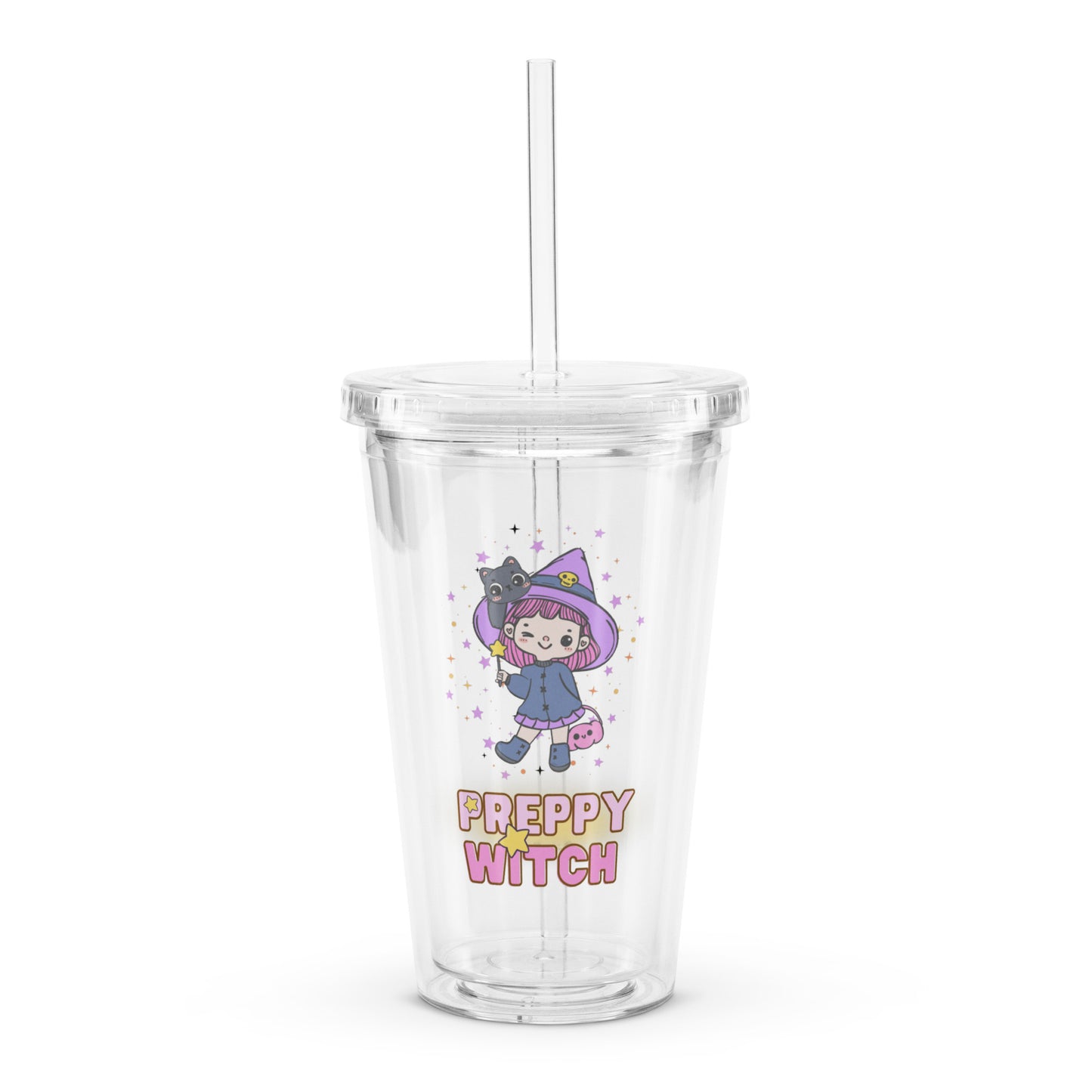 Cute Little Magical Witch Preppy Girl Kawaii Halloween Clear plastic tumbler