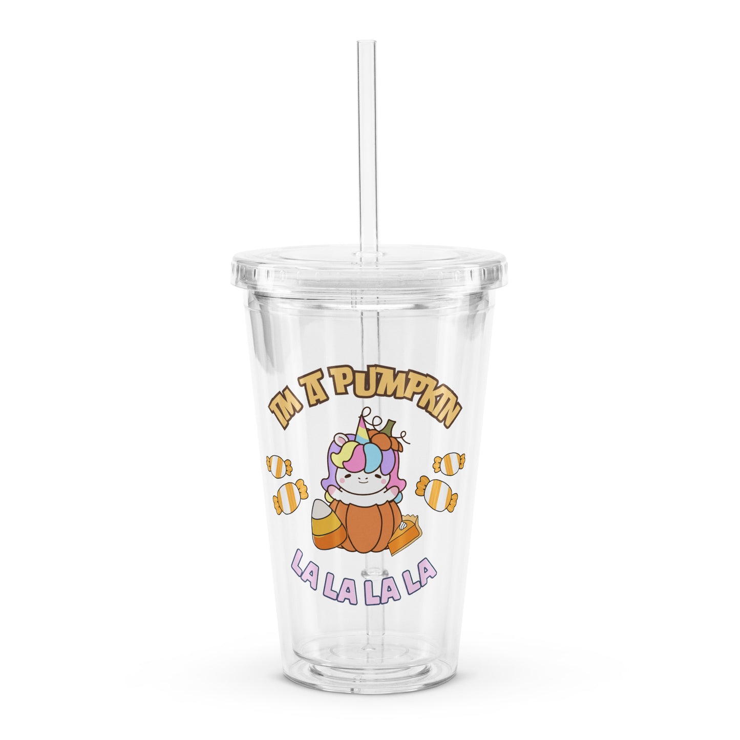 Cute Rainbow Unicorn Pumpkin Fall Clear plastic tumbler