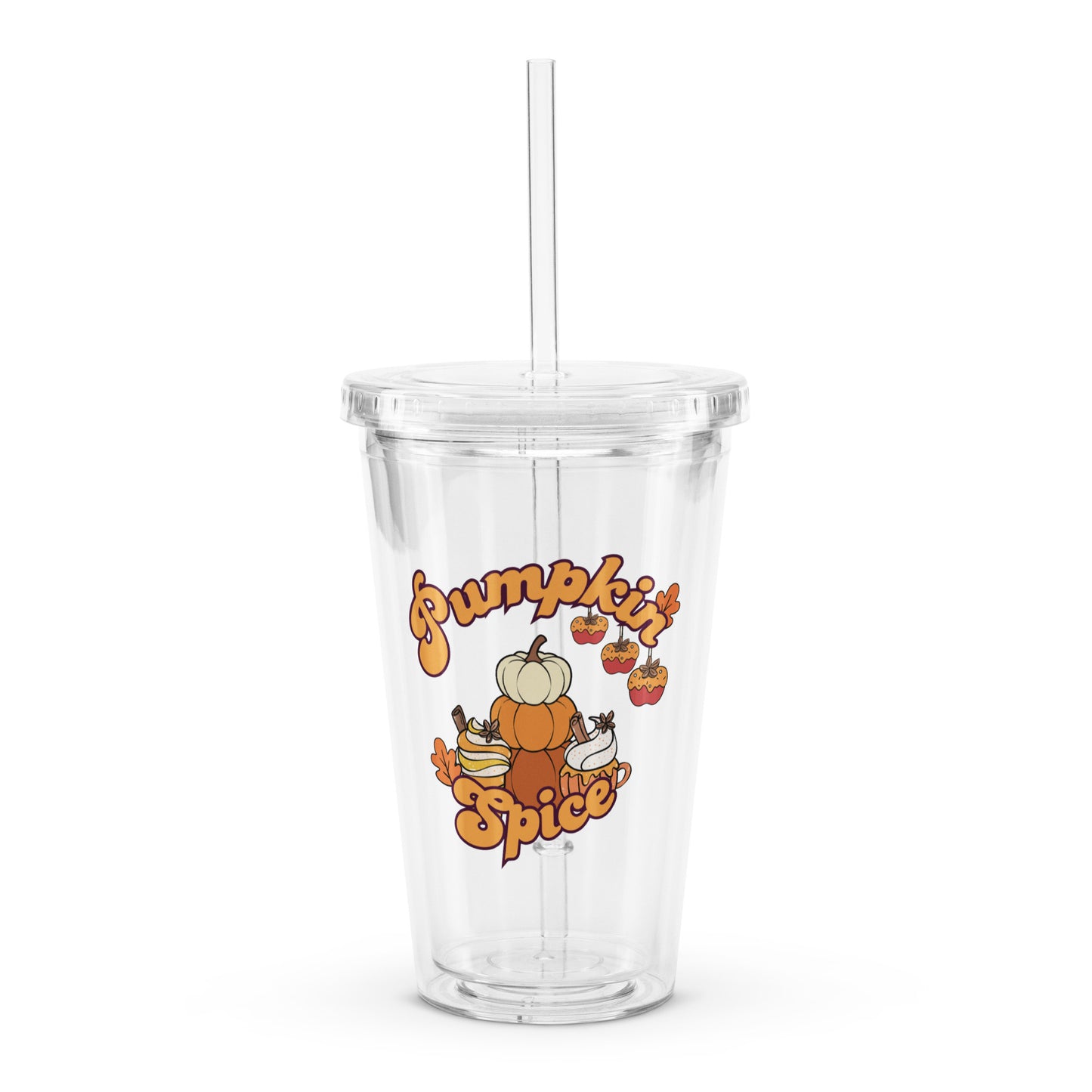 Cute Pumpkin Spice Fall Themed Clear plastic tumbler