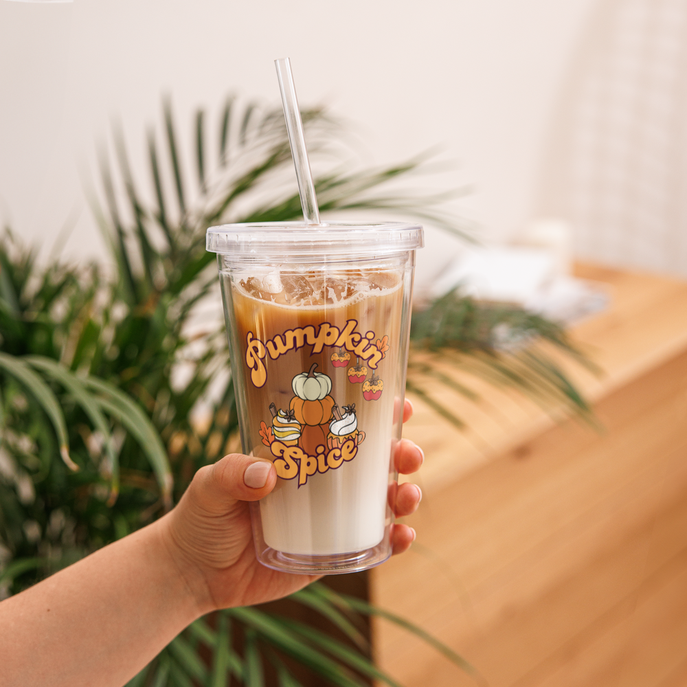 Cute Pumpkin Spice Fall Themed Clear plastic tumbler