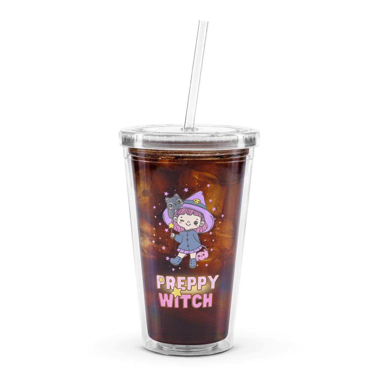 Cute Little Magical Witch Preppy Girl Kawaii Halloween Clear plastic tumbler