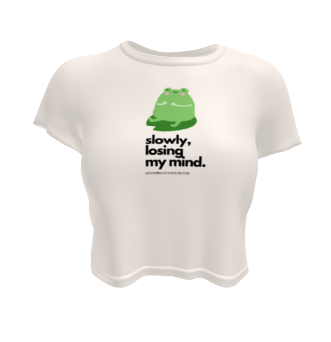 Kawaii Funny Anime Cartoon Frog Losing My Mind Meme Beige Crop Top