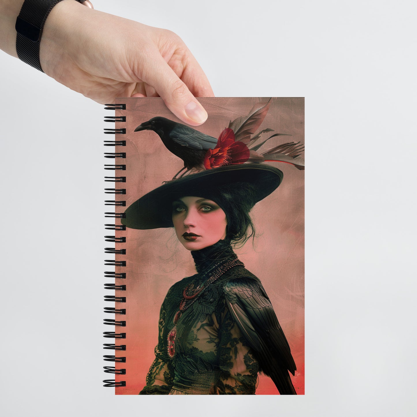 Beautiful Dark Gothic Crow Girl Fire Witch Magic Macadamia Black Notebook