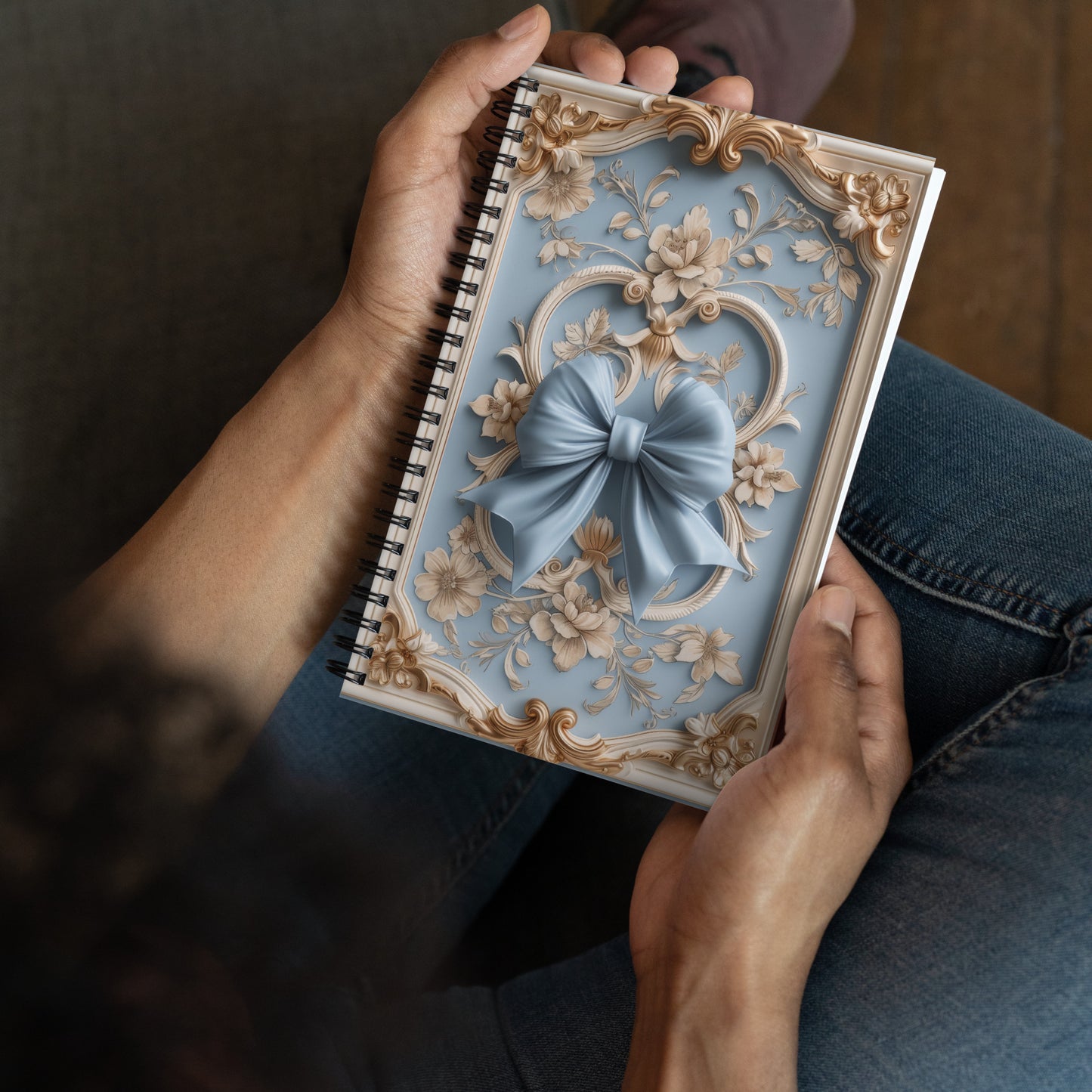 Beautiful Vintage Baroque Golden Framed Coquette Bow Blue Notebook