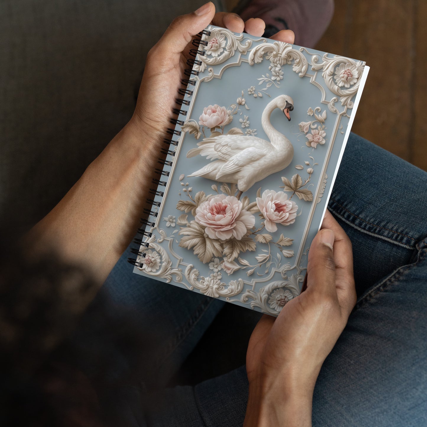 Beautiful Vintage Baroque Golden Framed Rose Swan Blue Notebook