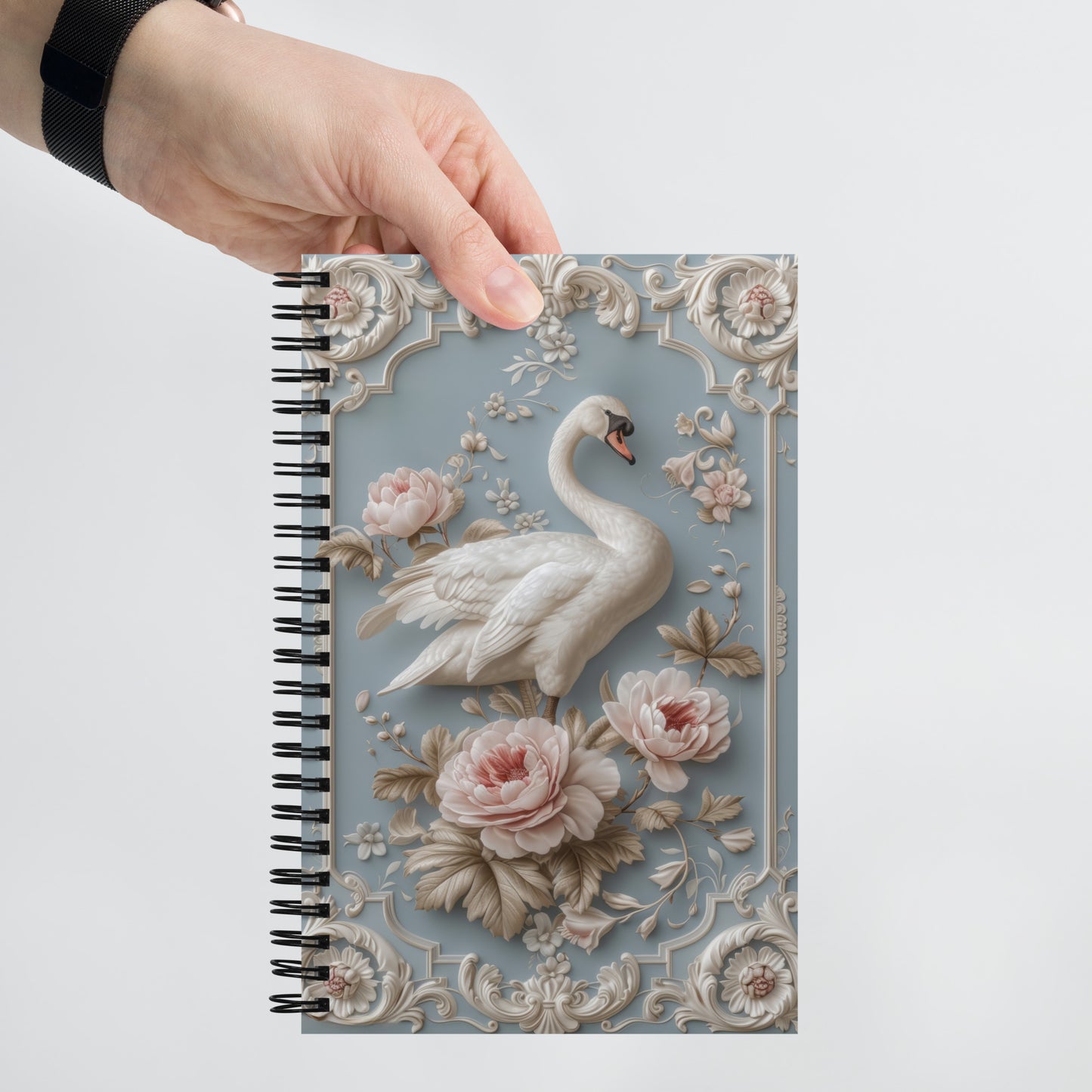 Beautiful Vintage Baroque Golden Framed Rose Swan Blue Notebook