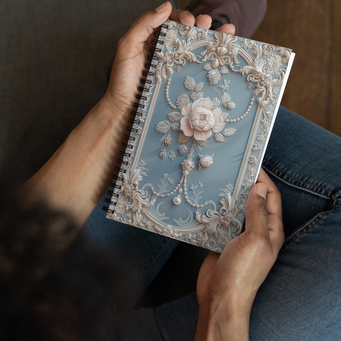 Beautiful Vintage Baroque Golden Framed Rose Pearls Blue Notebook